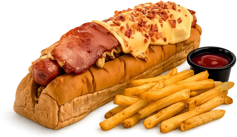 Hot dog Dakota con tocineta y queso, acompañado de papa a la francesa