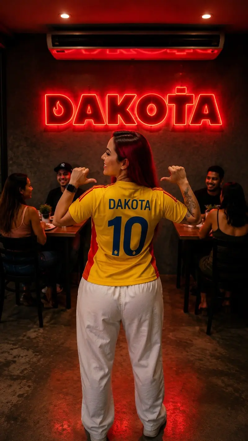 El letrero de neón de Dakota encendido sobre las mesas del local